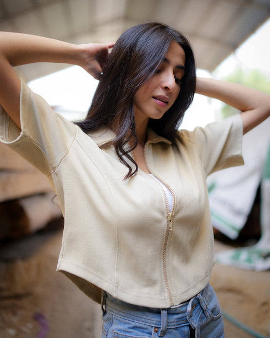 Ribbed Textured Crop Top (Beige)